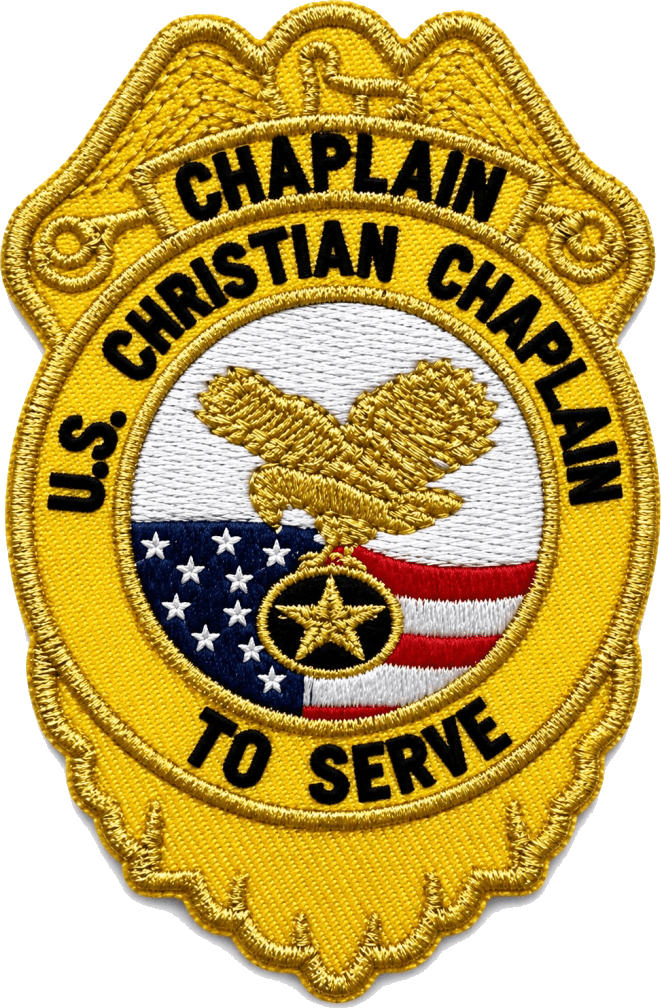 Insignia bordada dorada «Chaplain — U.S. Christian Chaplain to Serve» con águila y bandera