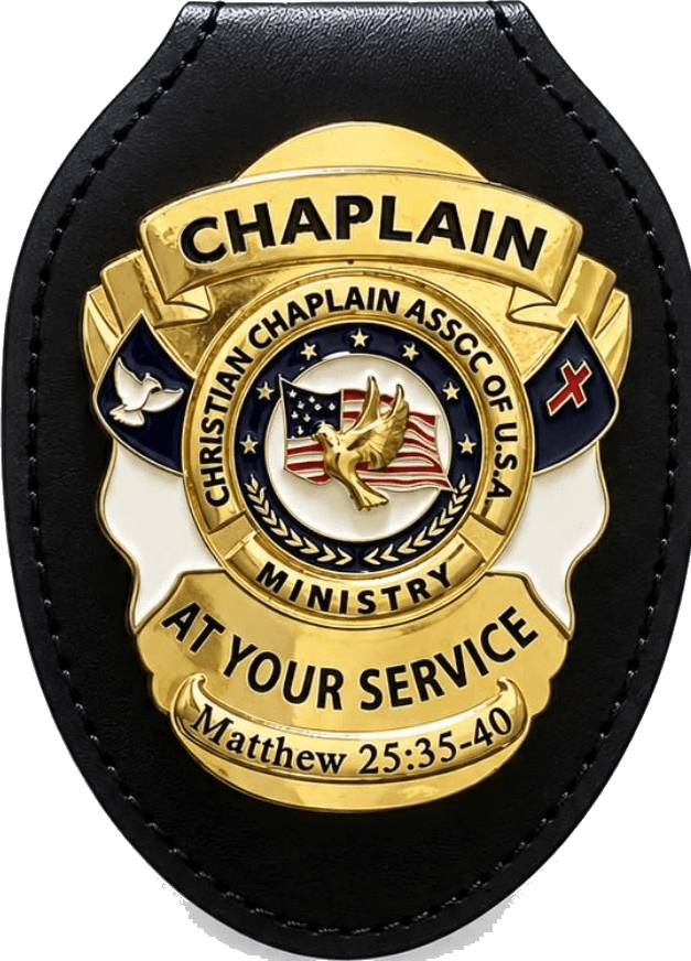 Chapa metálica dorada de capellán con porta de cuero: «Chaplain — At your service — Matthew 25:35-40»
