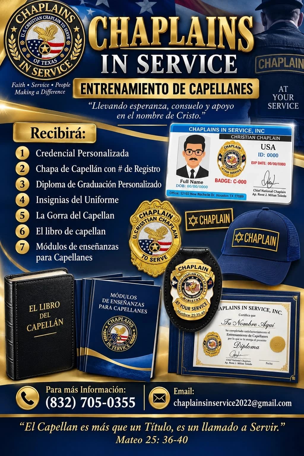 Afiche «Entrenamiento de capellanes»: credencial, chapa, diploma, insignias, gorra, libro y módulos de enseñanza