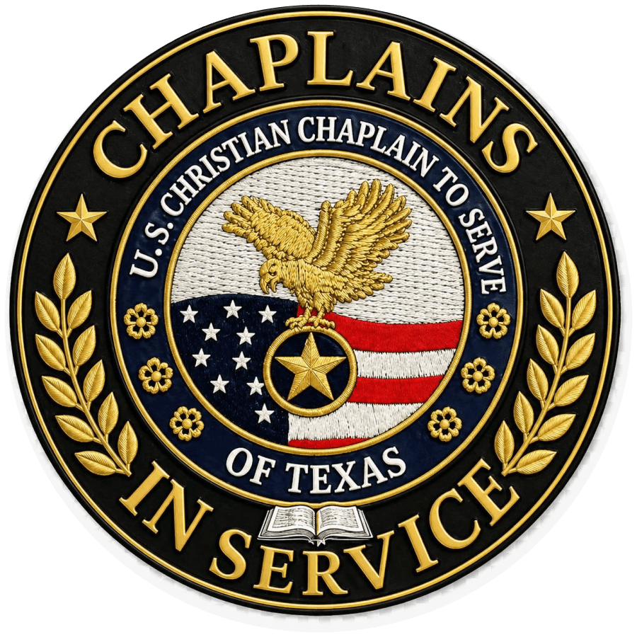 Sello circular de Chaplains In Service of Texas con águila, bandera y libro abierto